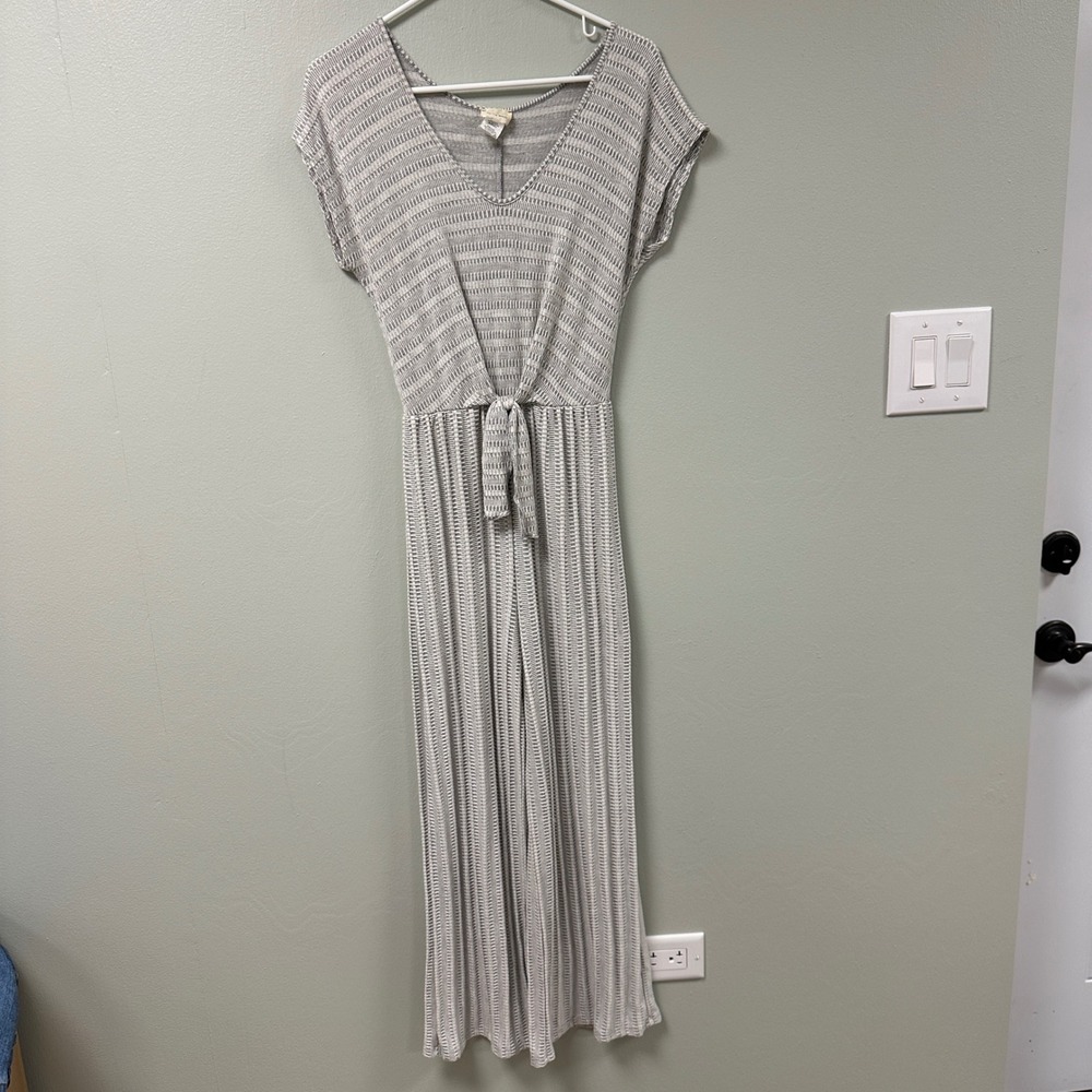 Caution to the Wind Grey Striped Tie Front Wide Leg Jumpsuit Medium J6525-GM